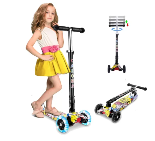 

Kick Scooter 3 Wheel Scooter Kids 4 Levels Adjustable Height PU Flashing Light Wheels Wide Deck