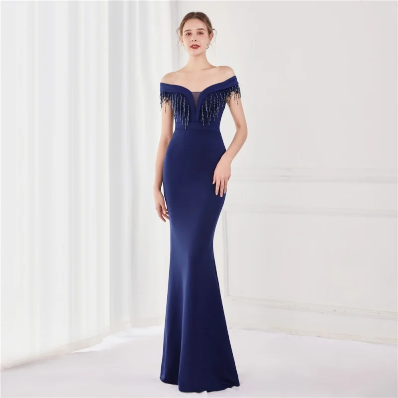 

Short Sleeve Off Shoulder Women Long Evening Dress Gown V Neck Fishtail Party Wedding Dress for Summer