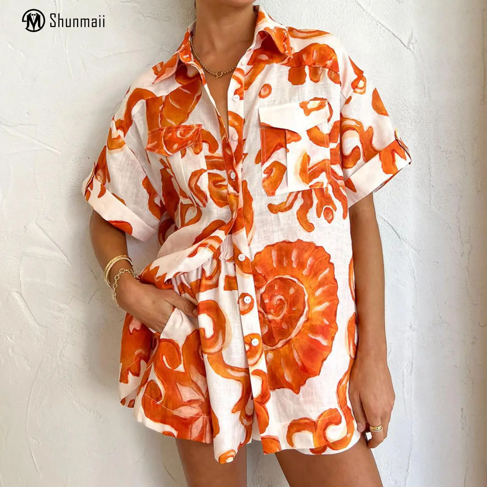 

Women Casual Shirt Top Shorts Turn Down Collar Elastic Waist Linen Orange Bouses Top Shorts Single Breasted Printed Daily Outfit