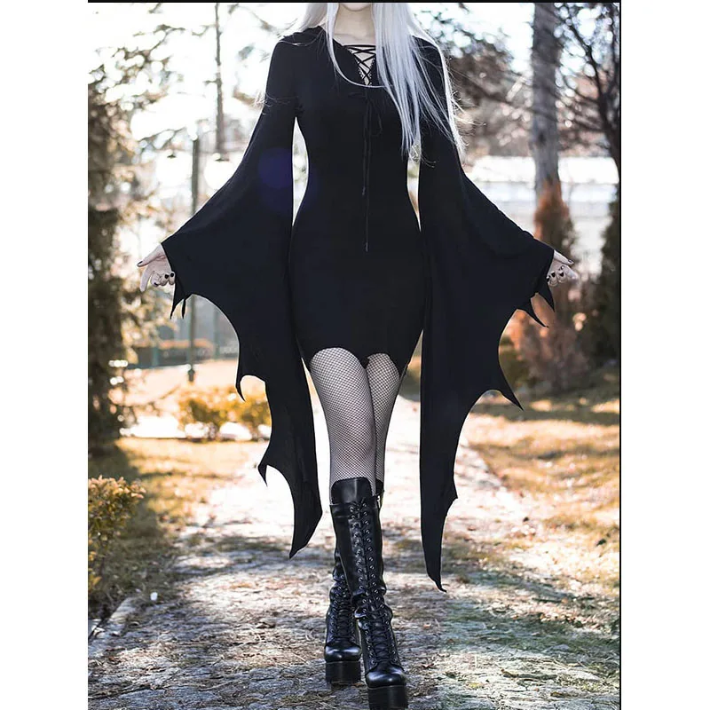 

Women Gothic Medieval Cosplay Halloween Forest Elf Pixie Costume Black Bodycon Mini Bandage Bat Wing Sleeves Cosplay S-3XL