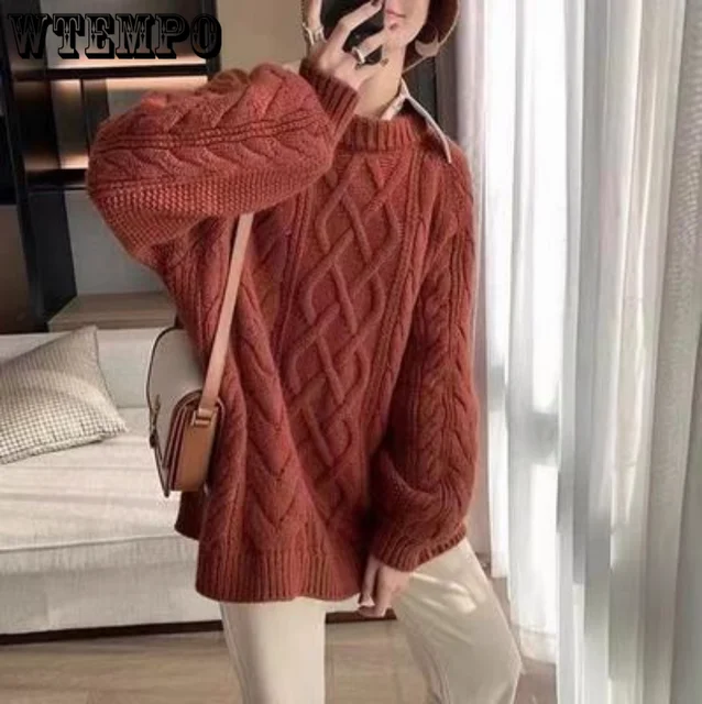 WTEMPO Long Sleeve Vintage Twist Knitted Sweater Women Purple Red Knitwear Loose Pullover Jumper Female Clothing Winter New 4
