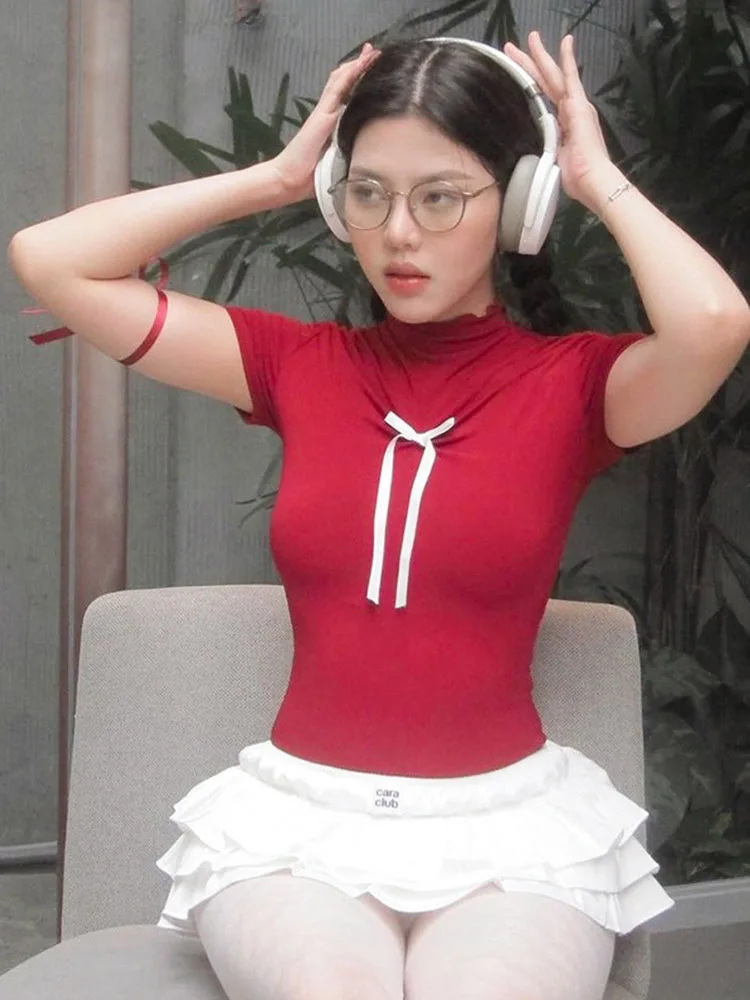 Красная футболка Y2K одежда для женщин летние облегающие топы с милым бантом и