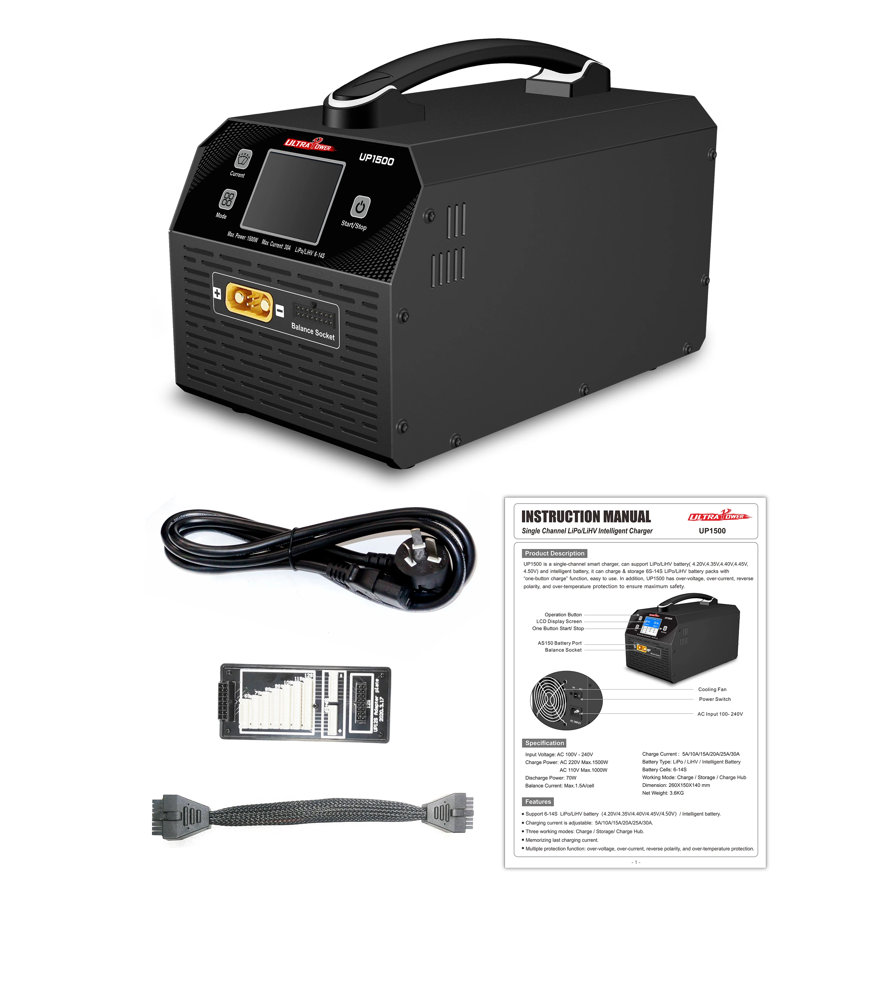 Фото Интеллектуальное зарядное устройство VoidFly UltraPower UP1500 6-14S с одним портом, 1500 Вт, 30 А, для LiPo аккумуляторов, для дронов для защиты растений №3