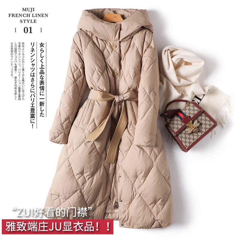 Thin 90% Duck Down Jacket Women New Fashion Design Coat Long  Autumn/Winter  Zipper  Adjustable Waist Hooded Abrigos Mujer