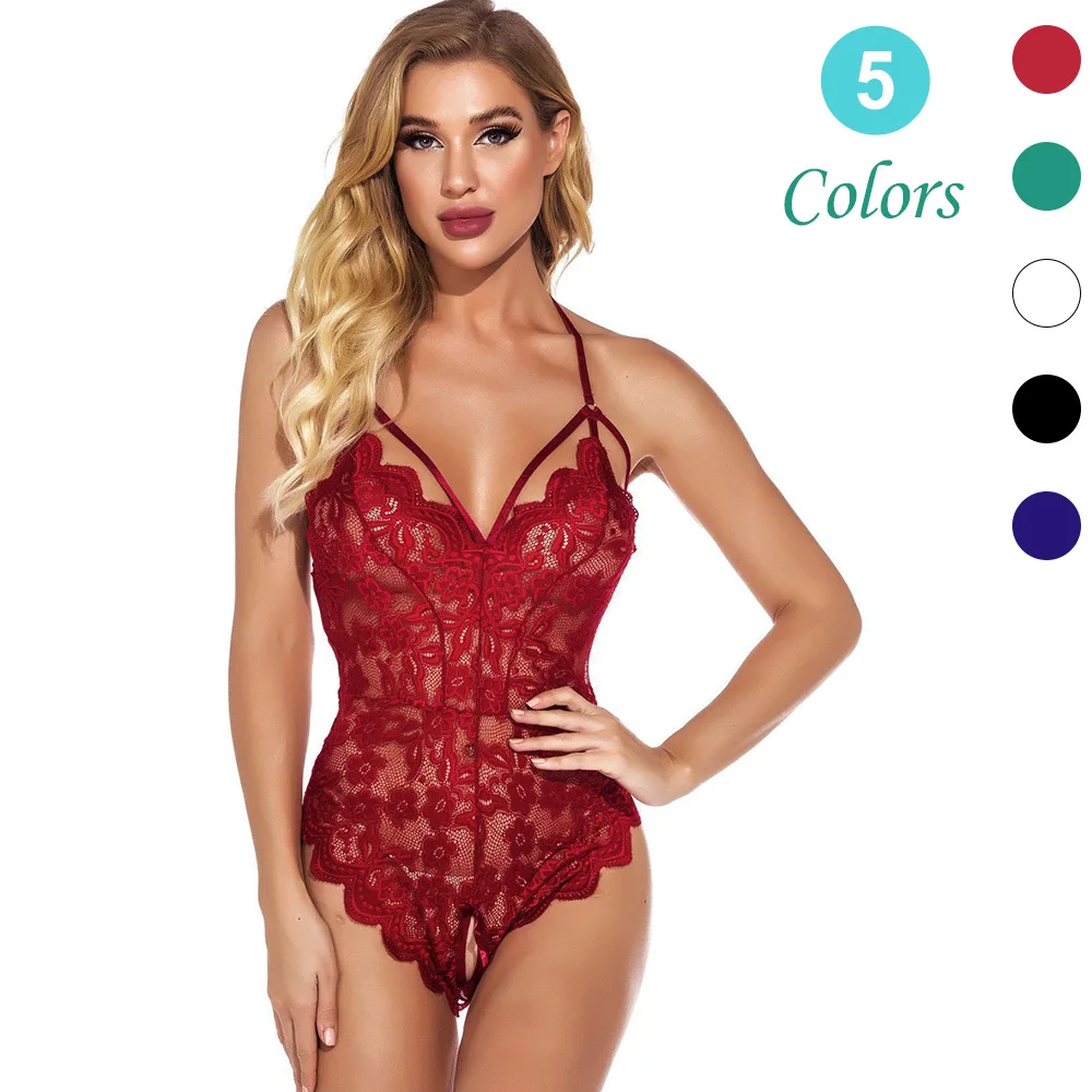 

Sexy Crotchless Lingerie for Women Lace Neck Hanging Backless Bra Set Erotic Costumes Teddy Baby Doll Dress Open Crotch Jumpsuit