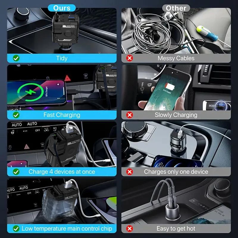 W&ampO 4 в 1 выдвижное автомобильное зарядное устройство с быстрой зарядкой 120 Вт PD 3.0