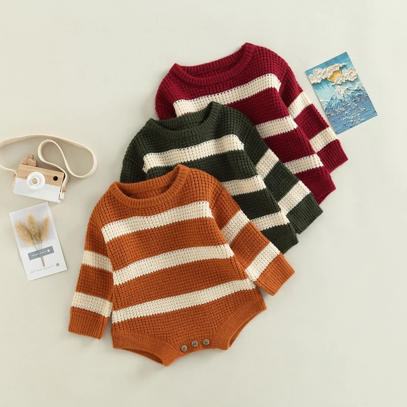 

Newest Arrival Baby Knit Bodysuits Long Sleeve Crew Neck Stripes Fall Winter Bodysuit for Girls Boys