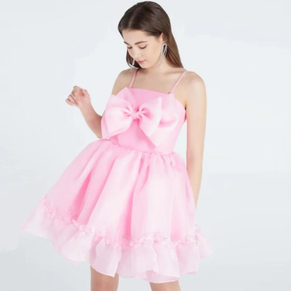 

Square Neck Party Dress Ruffled Chiffon Women Clothing Baby Pink Cocktail Dress With Bow Straps Woman Clothes Ever Pretty