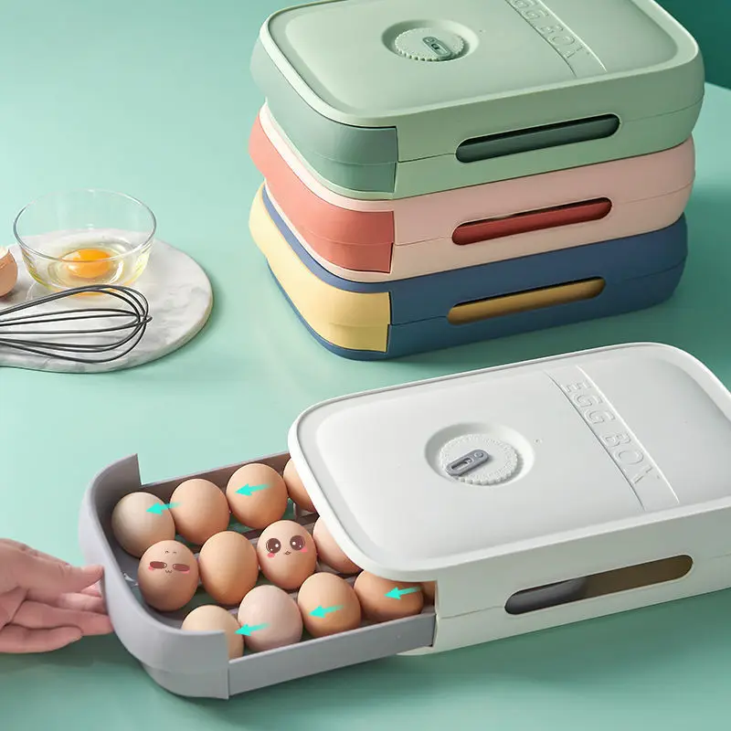 Contenedores de plástico para almacenamiento de huevos, cajón organizador de cocina, caja de plástico con tapa