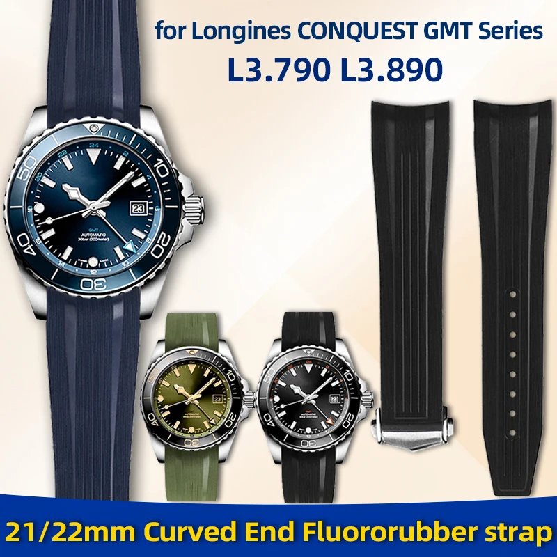 Фото Ремешок для часов из фторкаучука с изогнутым концом 21 мм 22 мм для Longines CONQUEST GMT L3.790/L3.890, ремешок для часов, браслет для мужского циферблата 41/43 мм №1