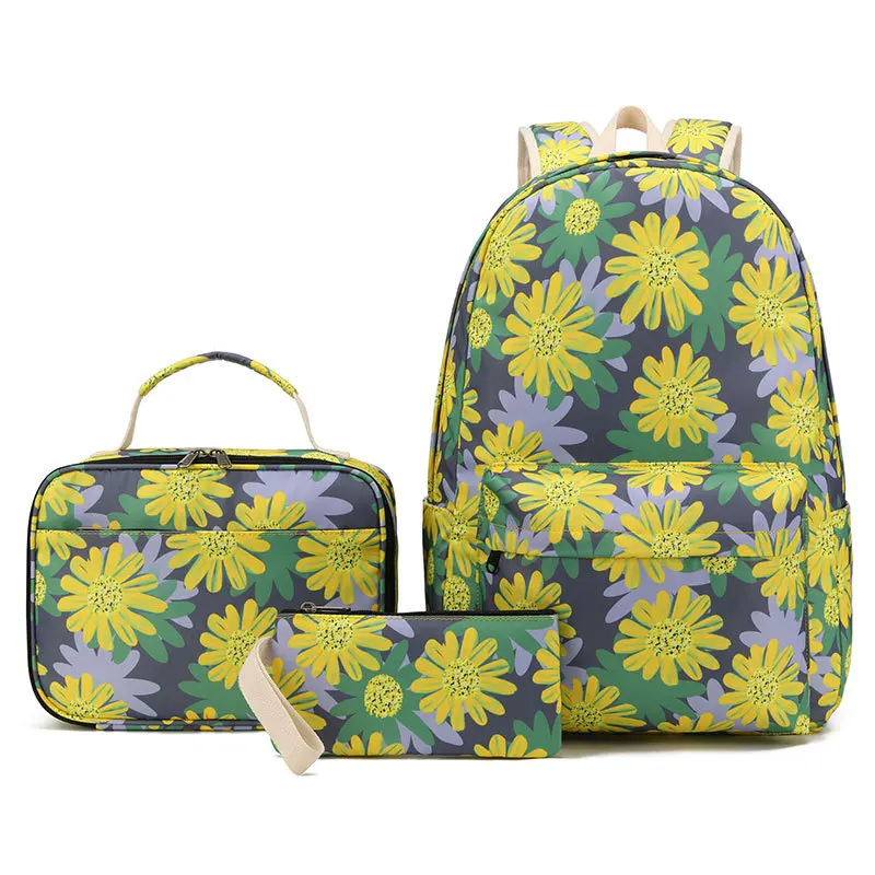 

3pcs Set Sun Flowers Backpack BAG School Love Summer Book Bags Boys Girls Students Multi Layer Lunch Bag Pencil Case
