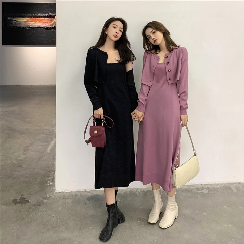 

Two Piece Set Women Spring New Short Cardigan Top + High Waist Suspender Knitted Dress Solid Color High Waist Midi Long Dress