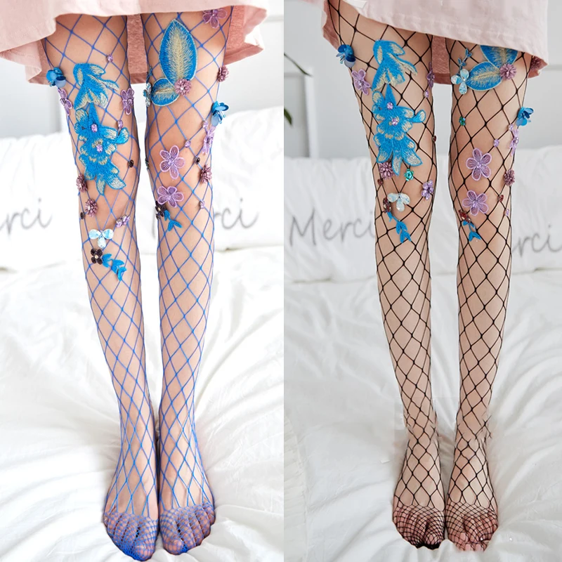 Женские ажурные колготки с цветочной вышивкой изящные синие фиолетовые