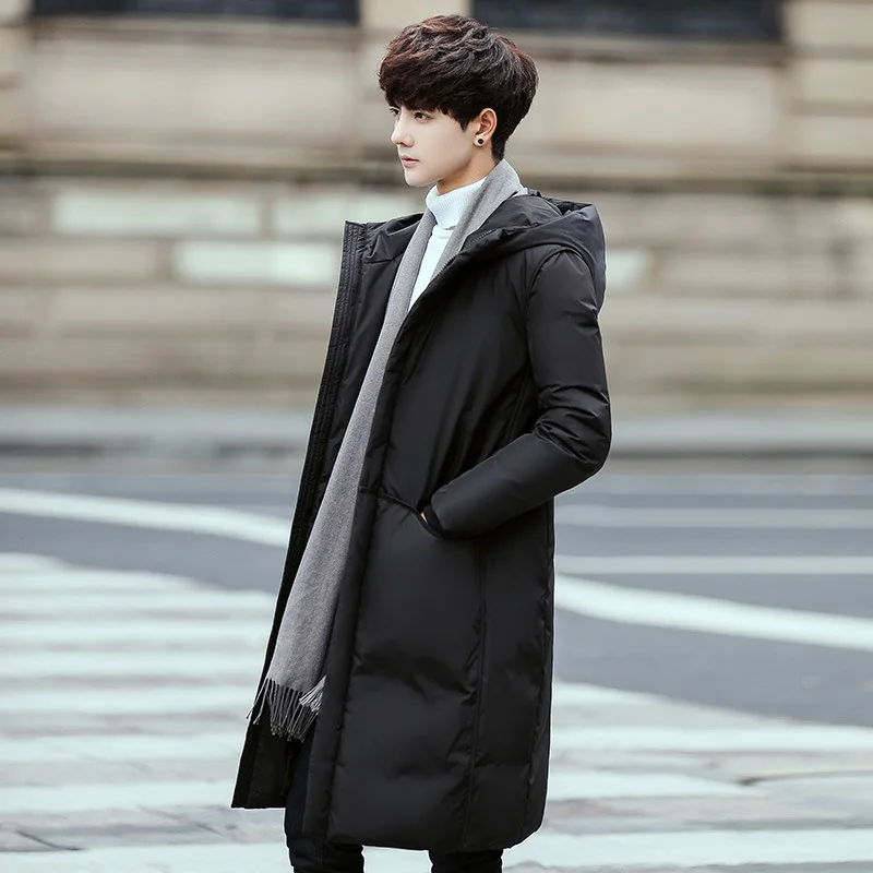 

Winter new white duck down jacket men's midi hooded coat student Korean version jacket youth trend menswear