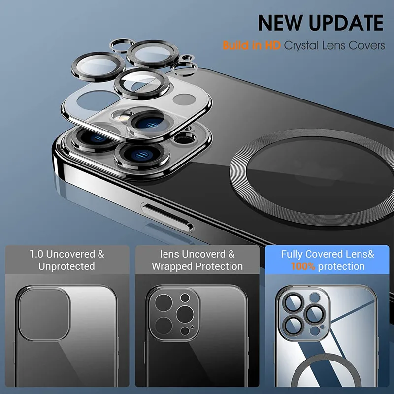 Luxury Magnetic Case For Magsafe Wireless Charging For iPhone 14 13 12 11 Pro Max Plus Lens Protector Clear Plating Soft Cover