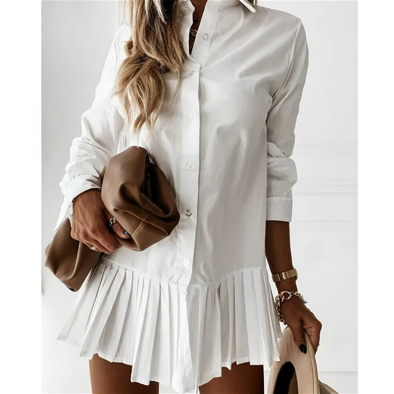 

2022 Fashion Solid Color Shirt Dress Women Long Sleeve Lapel Pleated Mini Dress Summer Fall Casual Elegant Dress Female