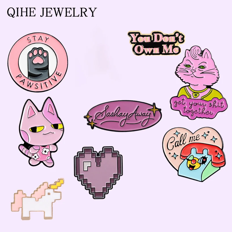 

Pink Collection Enamel Pin Cat Horse Demon Secret File Record Heart Round Don't Own Me Badge For Girl Gift Brooch Pin Wholesale