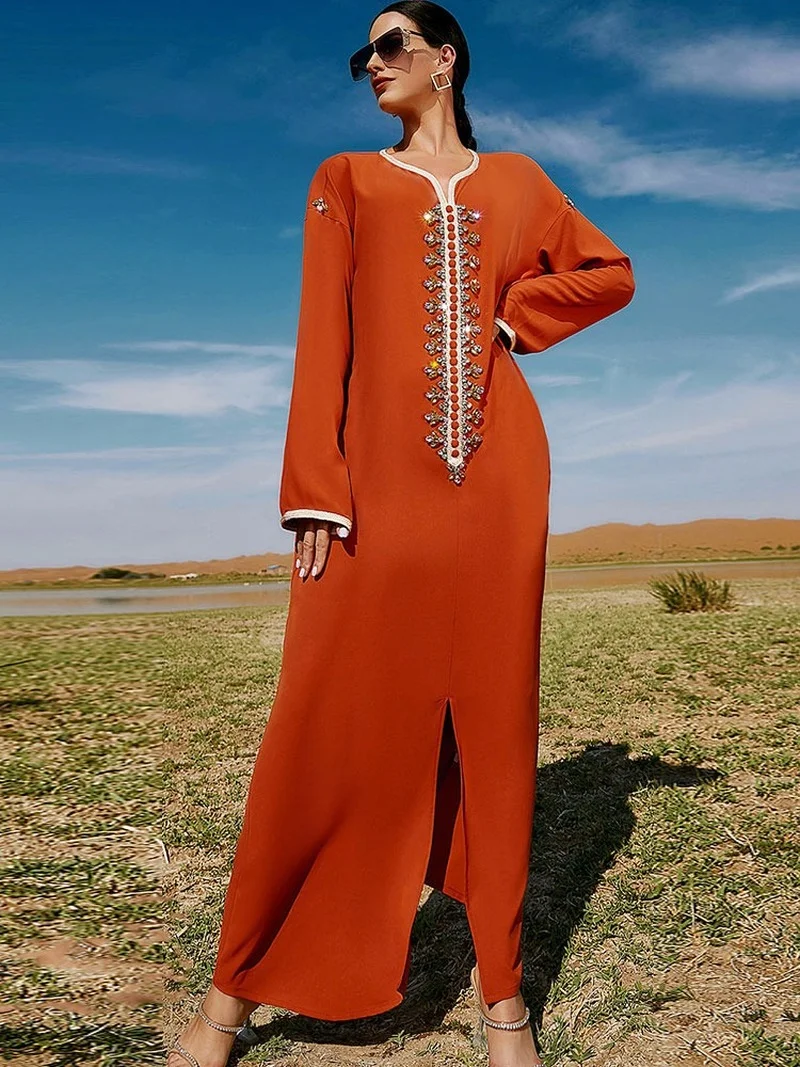 Handsewn Rhinestone Orange Arabic Party Long Dress Moroccan Dubai Saudi Gulf Muslim Caftan Evening Gown Ramadan Eid Abaya Kaftan