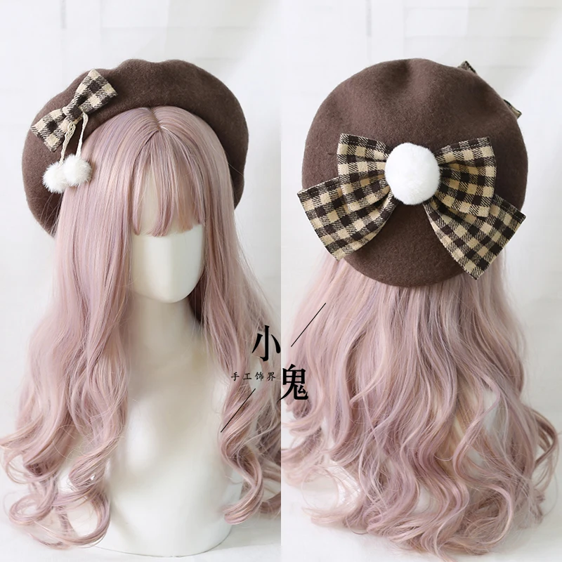 

Japanese lolita joker British beret, lovely retro wool plaid bow hat lovely bowknot beret