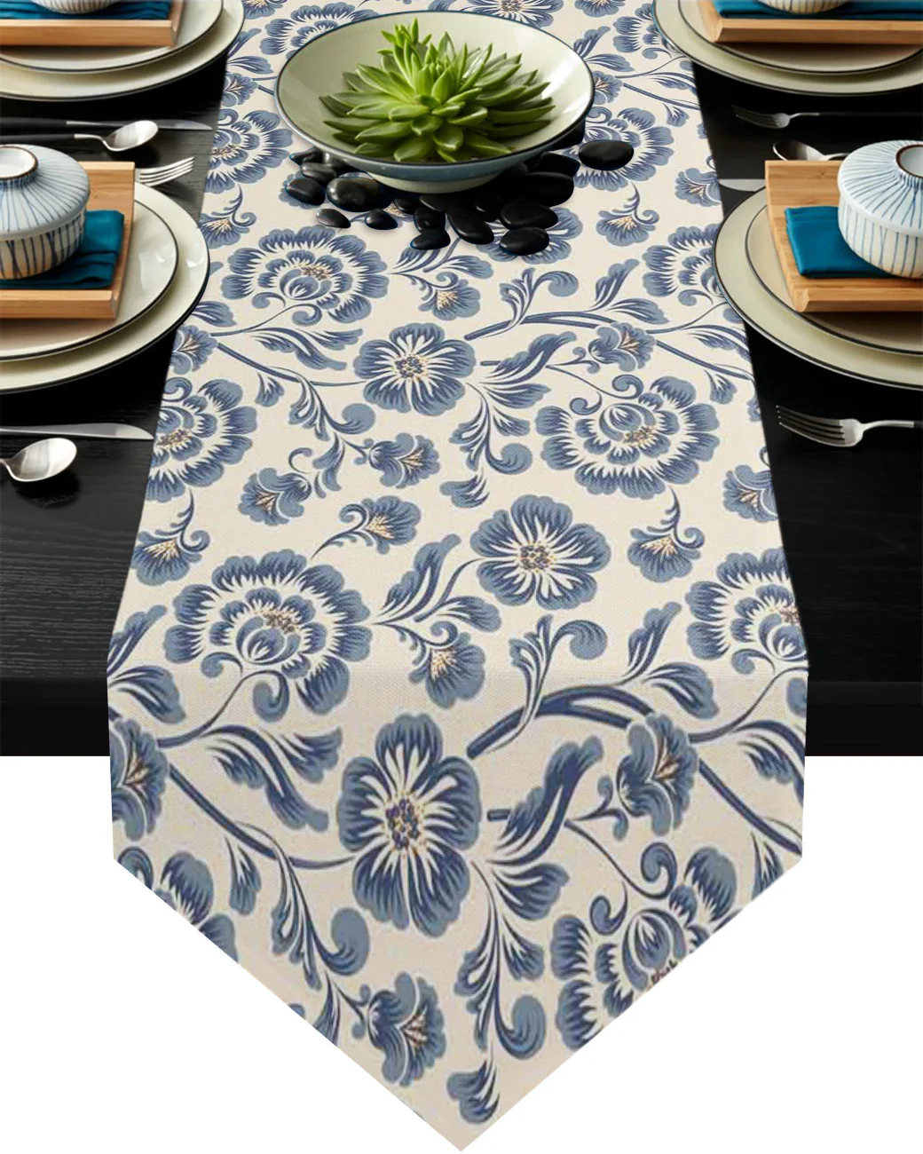 

Floral Tile Effect Blue Retro Coffee Table Decor Tablecloth Wedding Decoration Dinning Table Decoration Table Runner