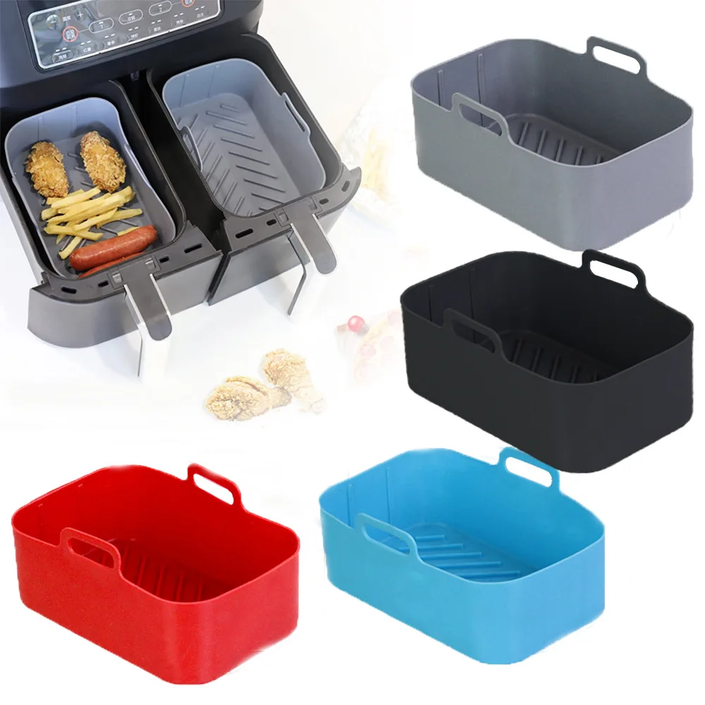 1/2Pcs Air Fryer Silicone Pot Basket Tray Fried Baking Pan Insert Dish Accessory Rectangle Dual Basket For Ninja DZ201 Air Fryer
