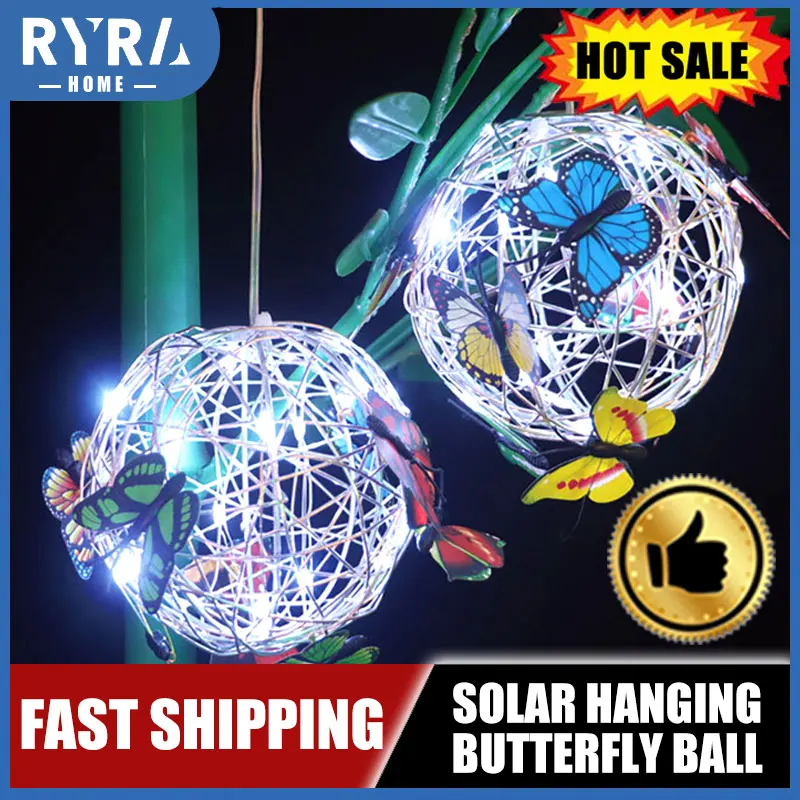 

Outdoor Butterfly Pendant Hanging Lamp Metal Solar Garden Light Landscape Pathway Home Decorative Butterfly Round Ball Light