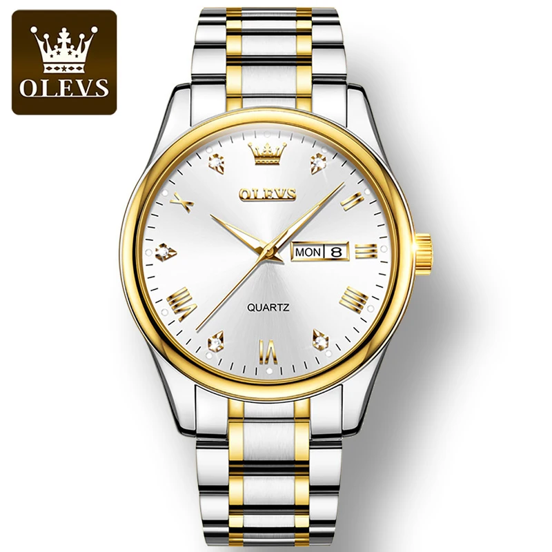 

OLEVS 5563 Golden Diamond-encrusted Stainless Steel Strap Watch for Men Waterproof Business Quartz Men Wristwatches Luminous