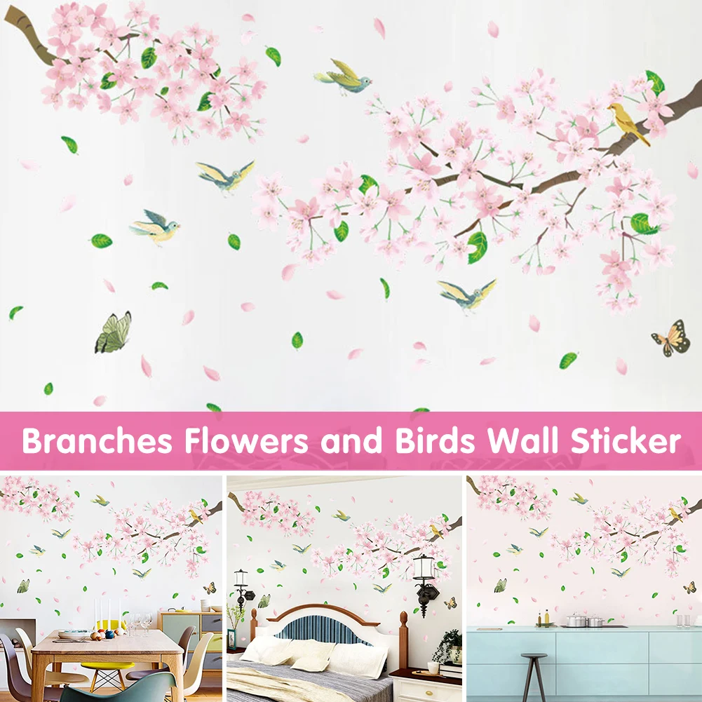 

Pink Branches Flowers and Birds Wall Sticker Exquisite Craftsmanship Removable Wall Stickers for TV Background Decorative Wall