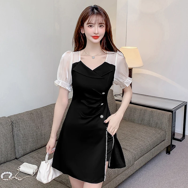 

Женское Сетчатое платье с бантом, топ с V-образным вырезом и черные шорты, комплект из двух предметов, лето 2022