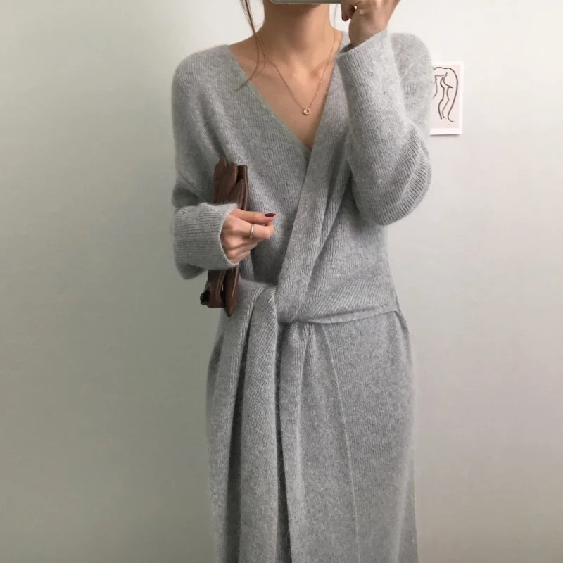 

2022 Korean Solid Elegant Belted Cashmere Sweater Dress Women Office Lady V Neck Knitted Dresses Autumn Winter Warm Party Dress