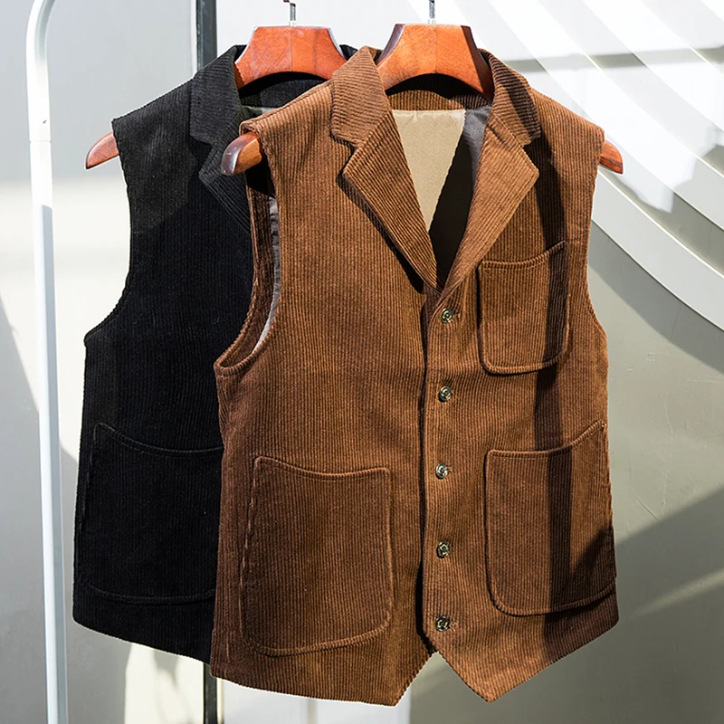 

Coffee Collar Wedding Tailored Tweed Tooling 3 Black Pockets Breasted Vintage Men's Single Corduroy Vest Waistcoat Vest Retro