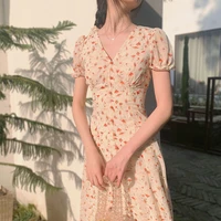womens dress 2022 temperament v neck chiffon floral dress mid length summer retro waist slim casual short sleeved female dress