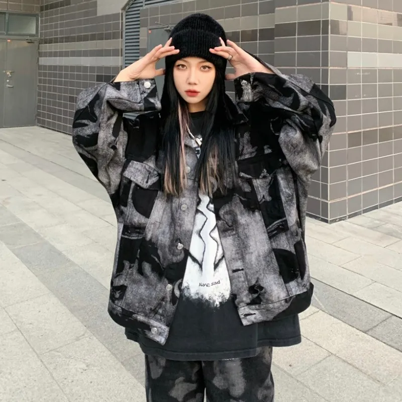 

Autumn Women Harajuku Vintage Loose Hand-painted Tie-dye Print Denim Coat Casual Lapel Long Sleeve Jeans Jacket Jaqueta Feminina