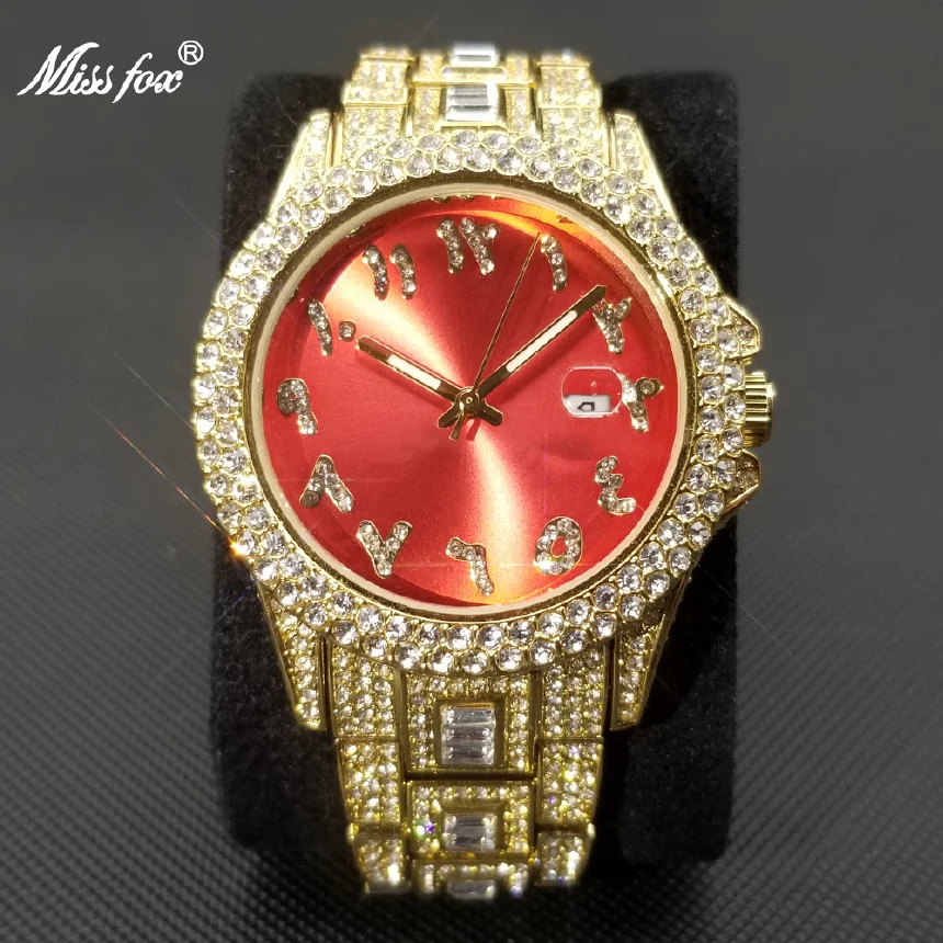 

MISSFOX Hip Hop Ice Out Men's Watches Luxury Brand Diamond Red Dial Watch Fashion Calendar New Relogio Masculino Dropshipping