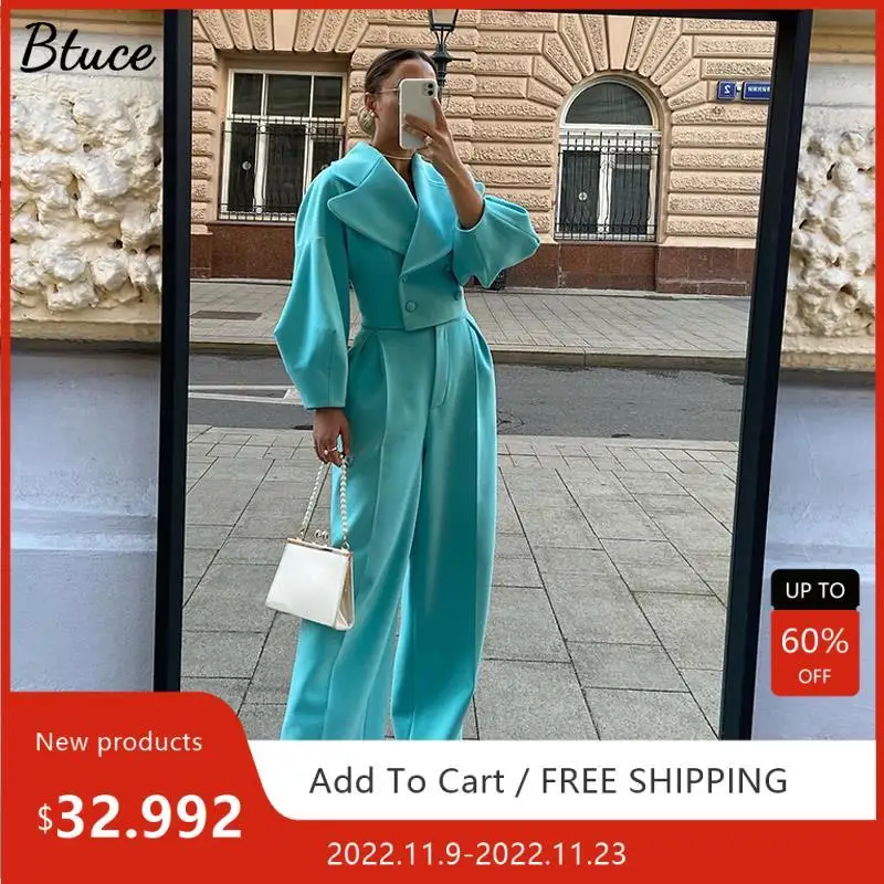 

Winter Women Elegant Lantern Sleeves Two Piece Sets Leisure Loose Cropped Coat And Wide Leg Pants Suit Chic Office Lady Outfits