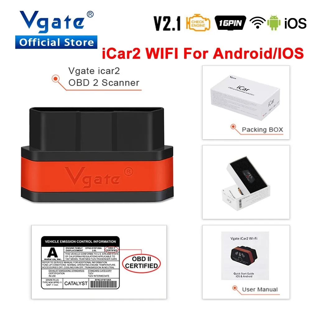 

Vgate iCar2 ELM 327 v2.1 obd2 scanner wifi adapter car diagnostics for IOS/android obd odb2 Auto diagnostic tool PK elm327 v1.5