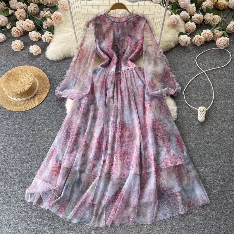 

VANOVICH Vintage Temperament Mesh Purple Print French Dress Summer New Fashion O-neck Waist Sweet Lantern Sleeve A-line Dress