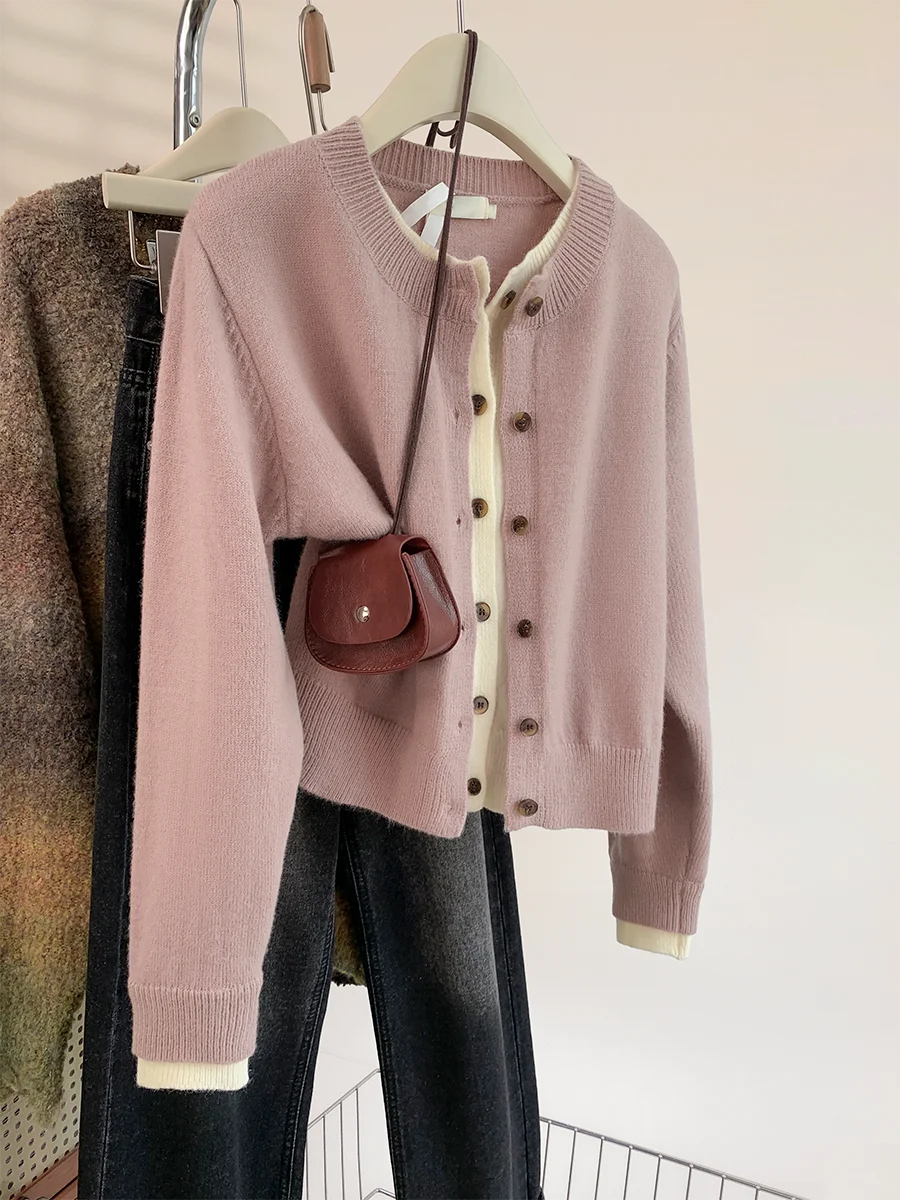 Розовый искусственный укороченный свитер из двух предметов кардиган верхняя