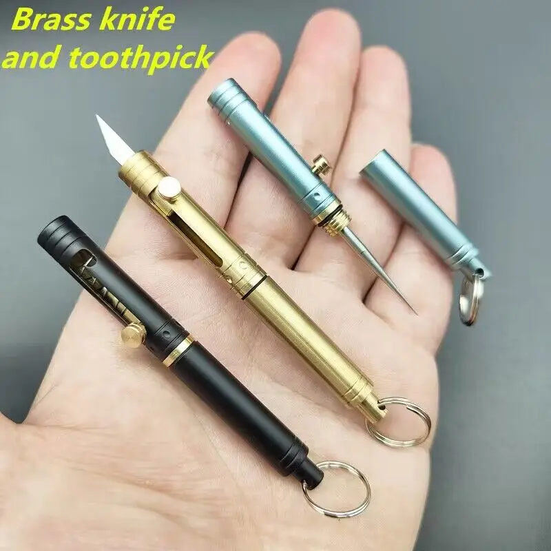 

Brass Mini Knife Toothpick Portable Integrated Tooth Removal Tool Fruit Picking Outdoor Self Defense Interchangeable Blade