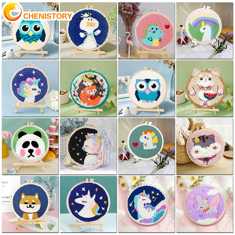 

CHENISTORY Punch Needle Kit Embroidery Stitching Picture Punch Needle Cartoon Animal Painting Poking Cross Stitch Gift For Mom