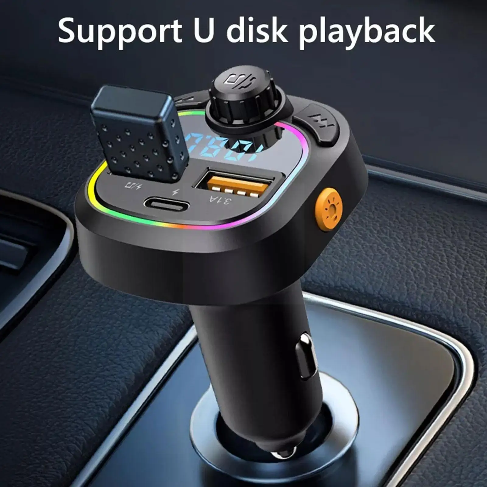 

Bluetooth 5.0 Fm Transmitter Handsfree Car Radio Modulator Mp3 Disk Usb U Dual Player Light Charge Player Colorful Type-c V6h1