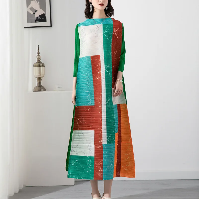 

SuperAen 2022 Spring New Loose Oversized Color Matching O-Neck A-LINE Casual Mid-Calf Dresses Women