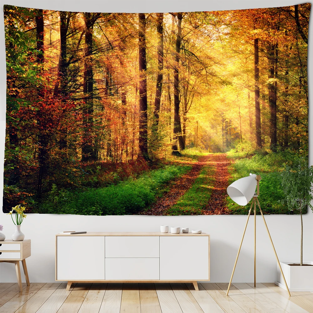 

Forest Tree Tapestry Wall Hanging Nature Scene Tapestries Sunlight Evergreen Plant Leaves Outdoor Landscape Home Decor for Room