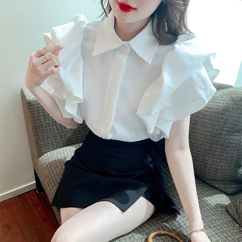 

Summer Petal Sleeve White Chiffon Blouse Women 2023 Korean Loose Fashion Shirt Woman Solid Puff Sleeve Cropped Tops Blusas 27171