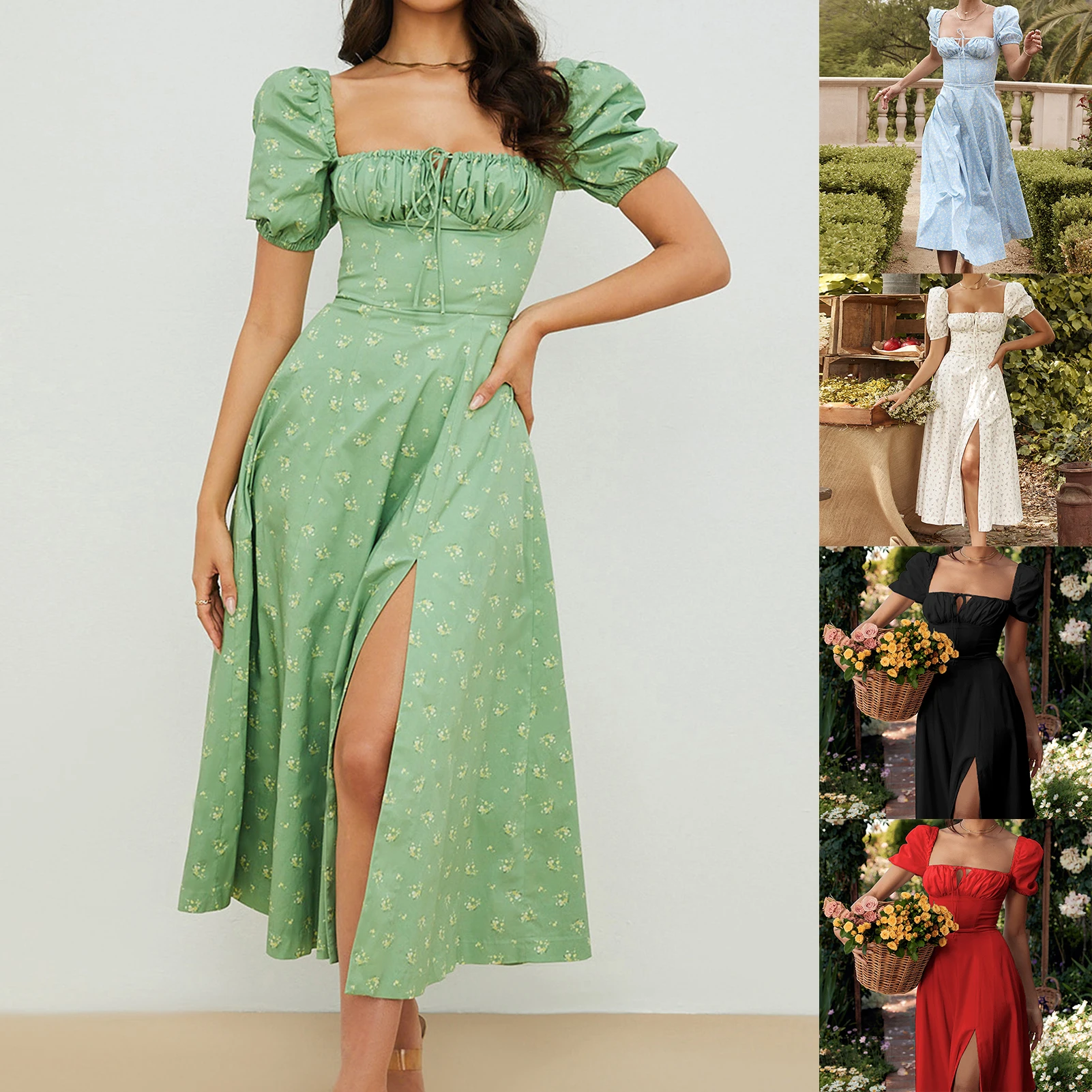 

Женское длинное платье с цветочным принтом, летнее шикарное платье-трапеция с коротким рукавом, квадратным вырезом и разрезом, Женский праздничный пляжный Сарафан