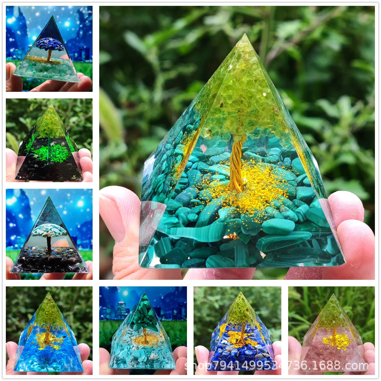 Crushed Stone Crystal Tree Of Life Pyramid Home Crafts Resin Decor Reiki Natural Mineral Stone Oganite Pyramid Meditation Tools