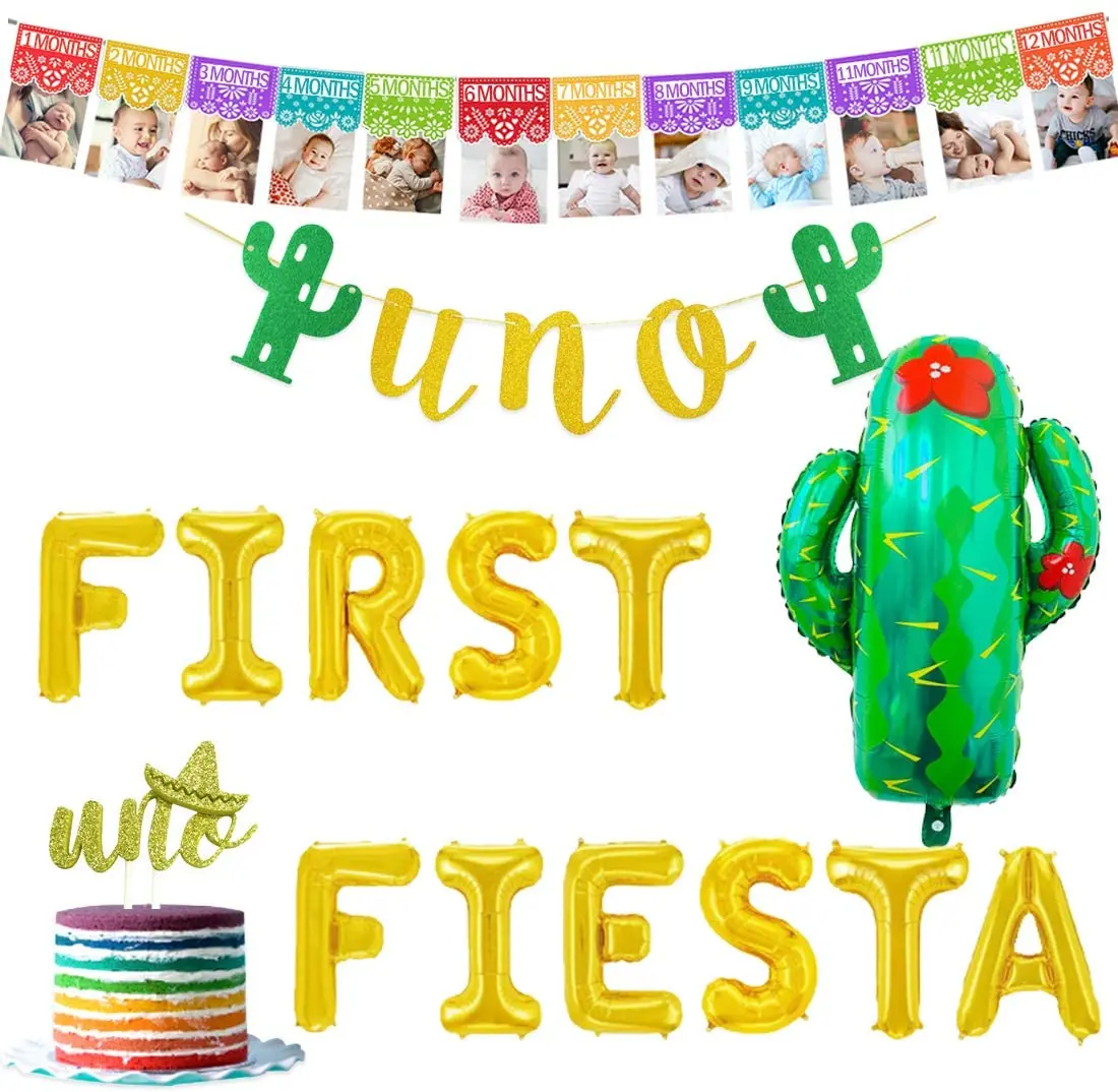 

JOYMEMO First Fiesta Birthday Decorations Mexican 1st Birthday Party Supplies Fiesta Balloons Uno One Cactus Banner Cake Topper