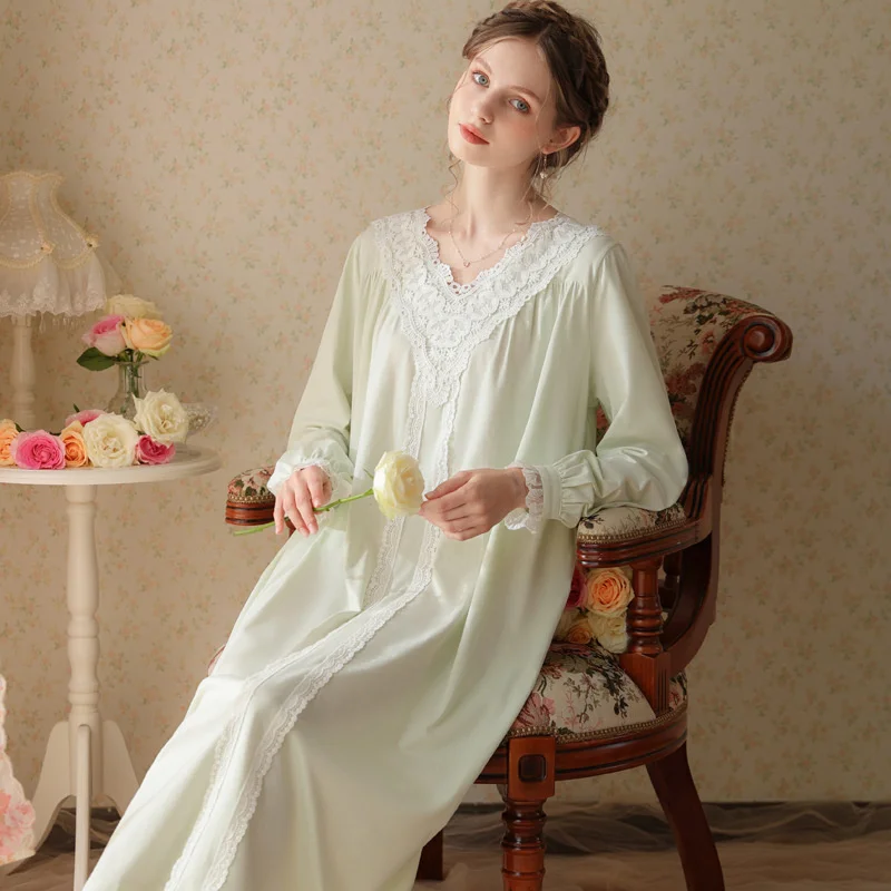 Long sleeve nightdress women's spring cotton court style sweet princess loose fitting home clothes large size can wear pajamas
