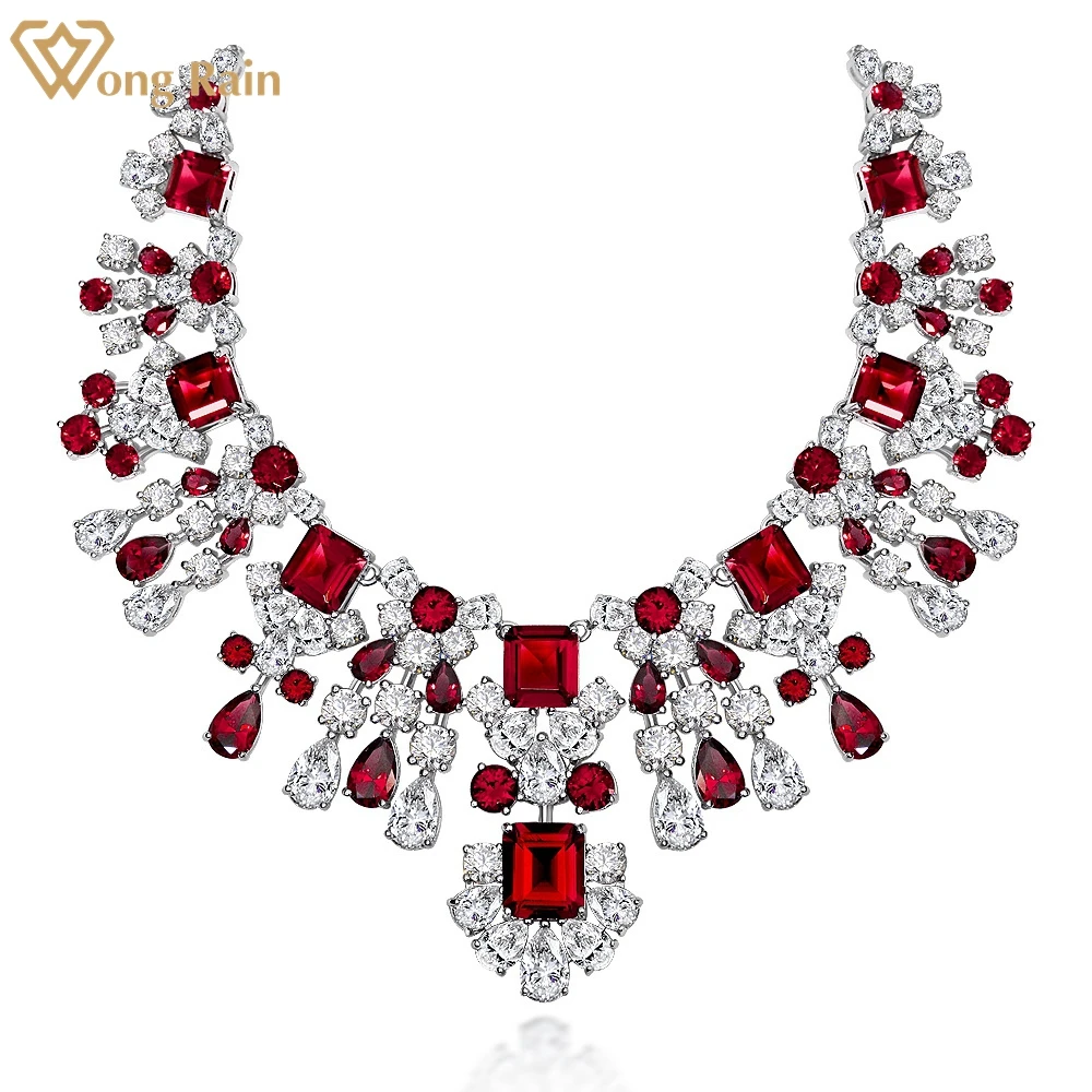

Wong Rain Luxury 925 Sterling Silver Created Moissanite Ruby Emerald Gemstone Women Cocktail Pendent Necklace Fine Jewelry Gifts