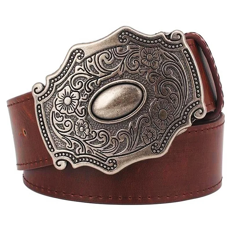 Retro Floral Pattern Antique Palace Style Fashion Women Belt Metal Buckle Classical Lady Waistband